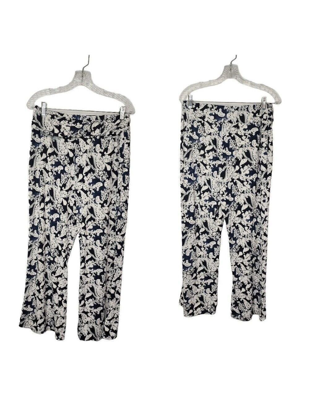 Robert Louis Womens Blue White Floral Wide Leg Faux Belt Pants Stretch Boho L